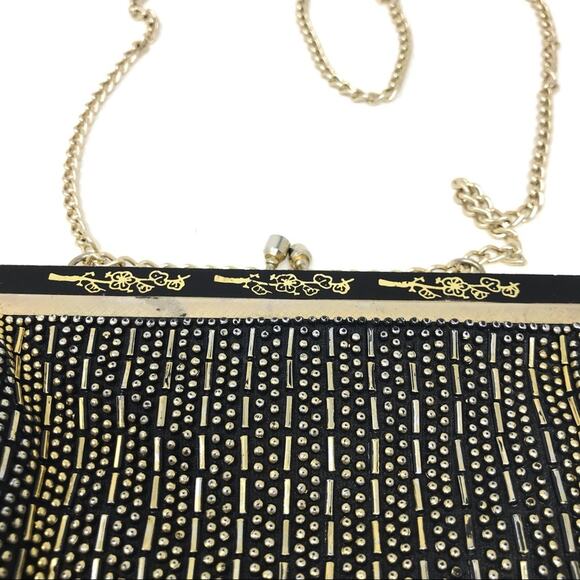 Vintage Gold and Black Beaded Evening Shoulder Handbag Metal Frame - Picture 2 of 12